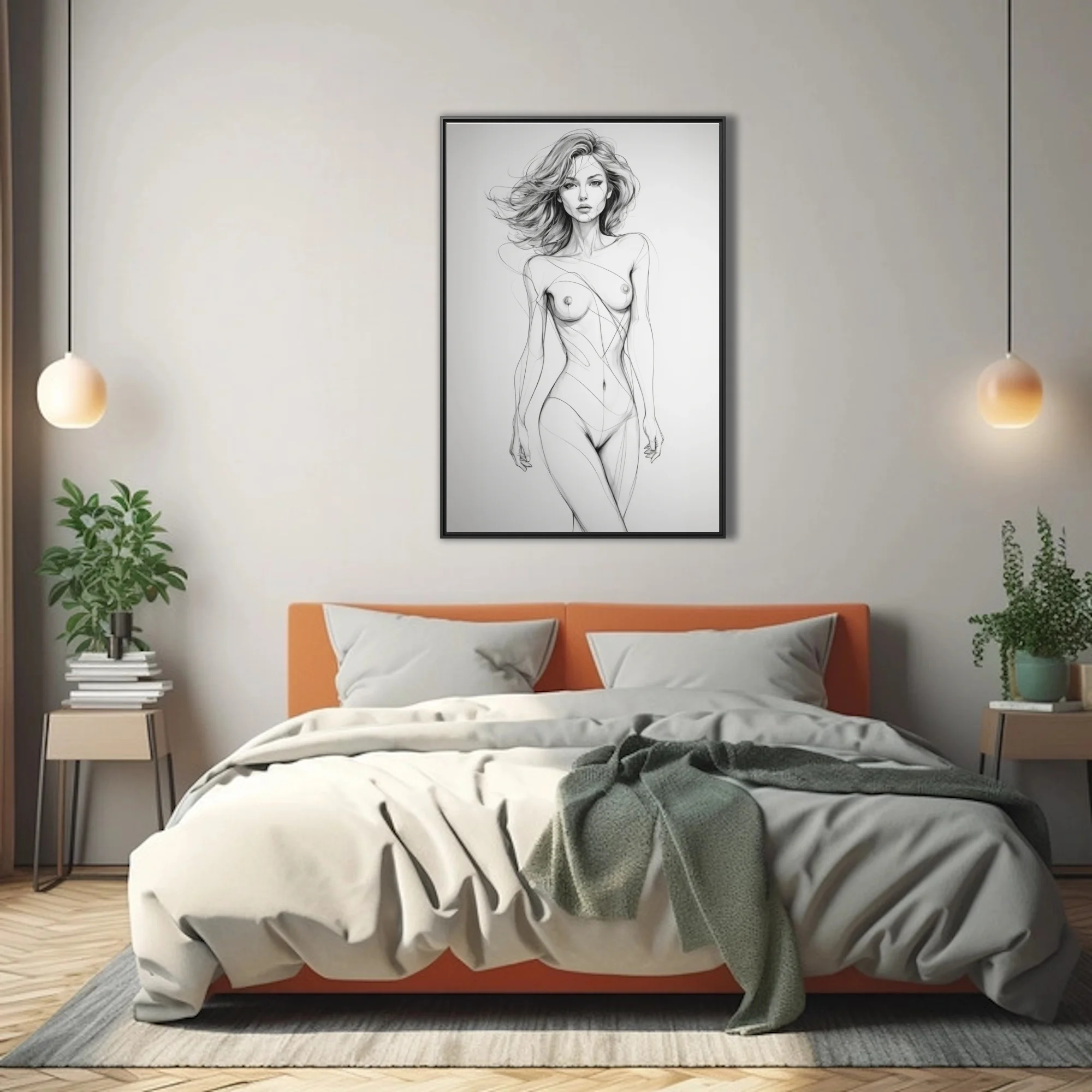 Gestural line art nude figure study, graphite-style minimalist sketch on white