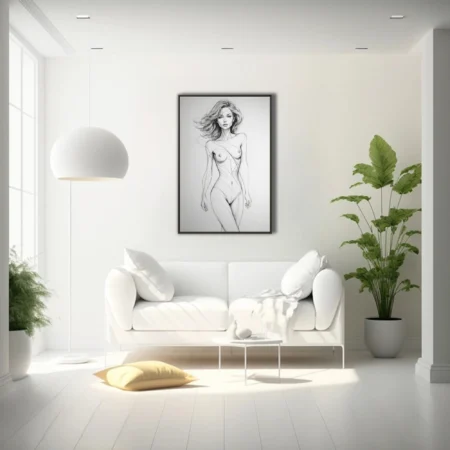 Gestural line art nude figure study, graphite-style minimalist sketch on white