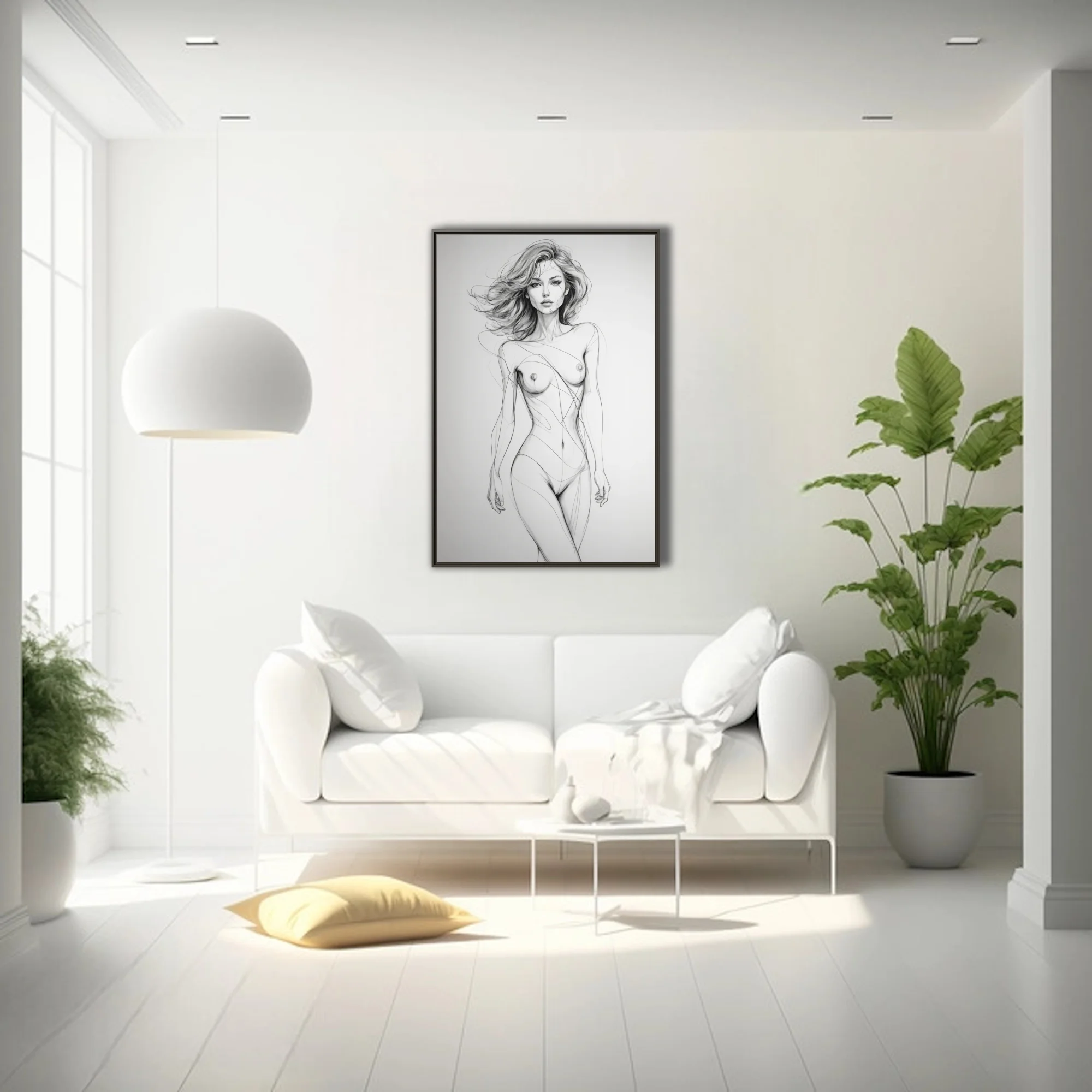 Gestural line art nude figure study, graphite-style minimalist sketch on white