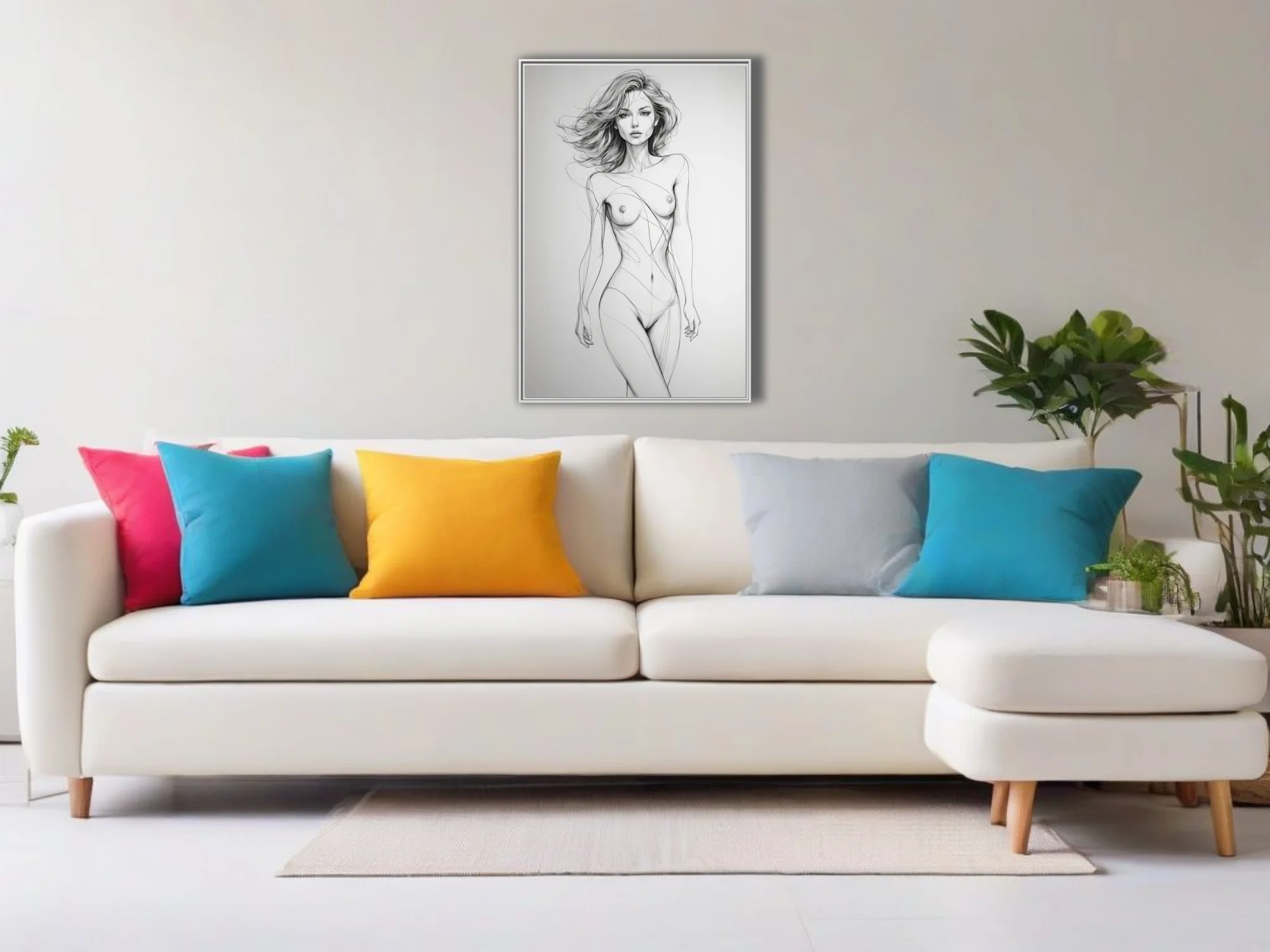 Gestural line art nude figure study, graphite-style minimalist sketch on white