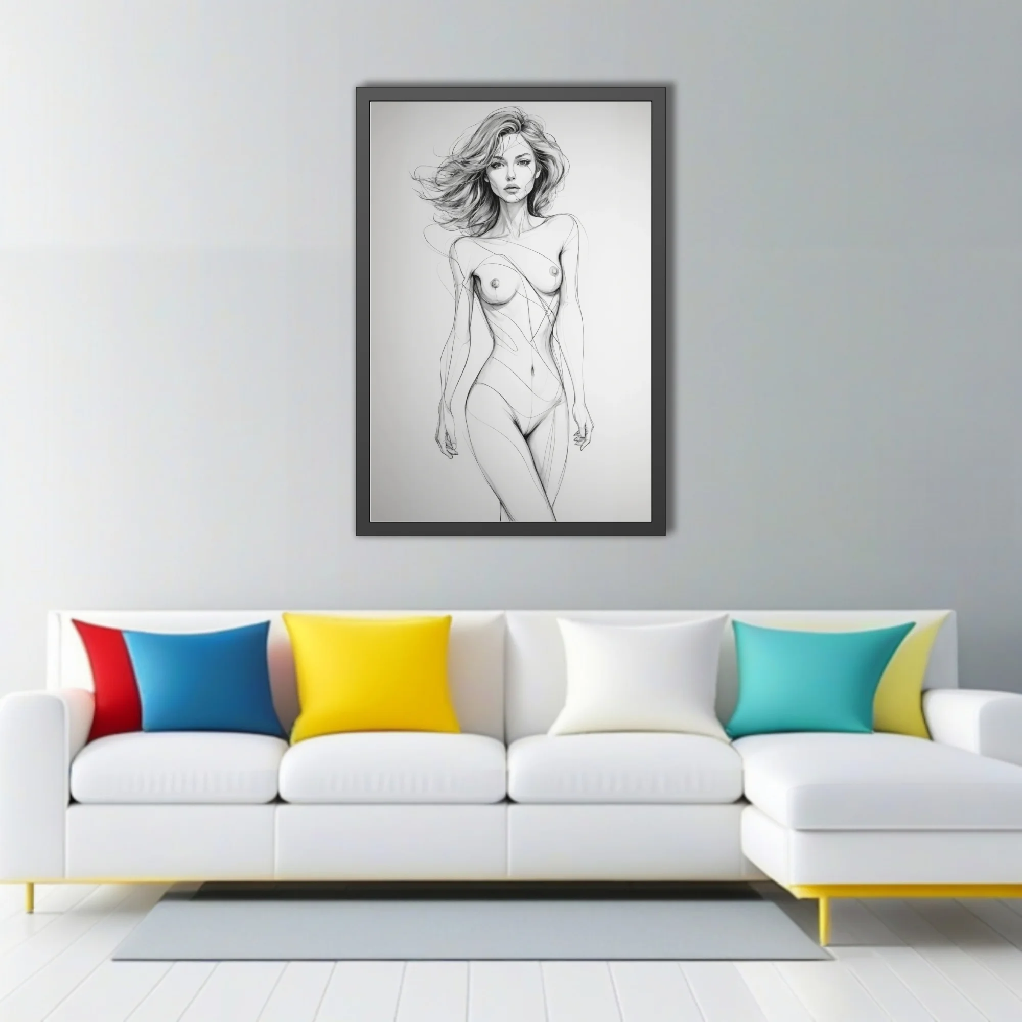 Gestural line art nude figure study, graphite-style minimalist sketch on white