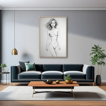 Gestural line art nude figure study, graphite-style minimalist sketch on white