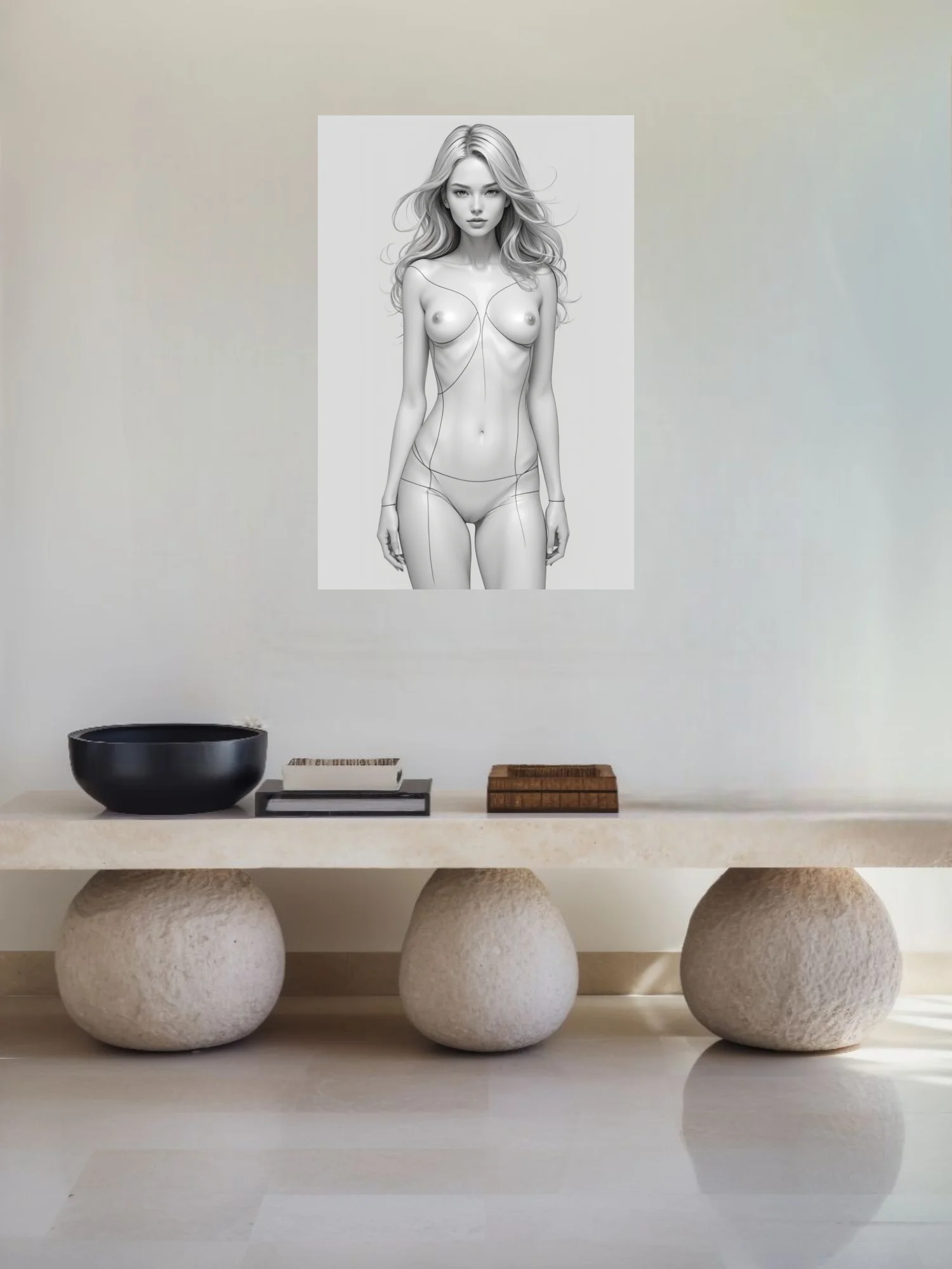 Minimalist monochrome female figure study with flowing line-art contours, pencil-style
