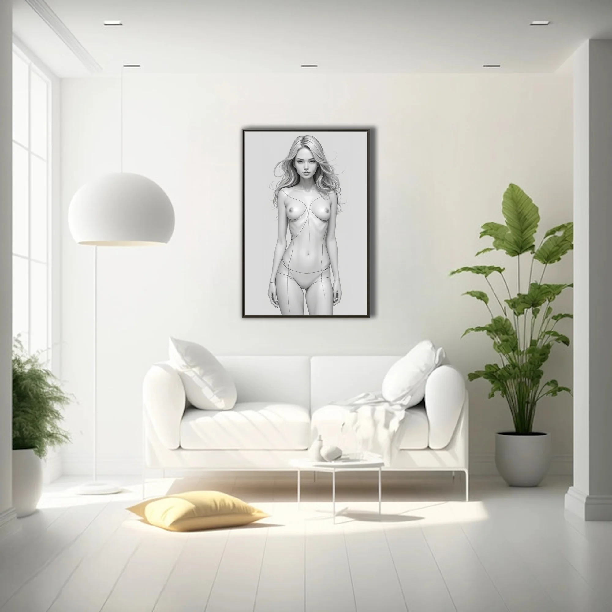 Minimalist monochrome female figure study with flowing line-art contours, pencil-style