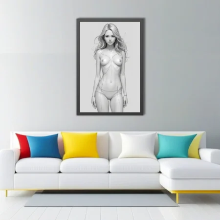 Minimalist monochrome female figure study with flowing line-art contours, pencil-style