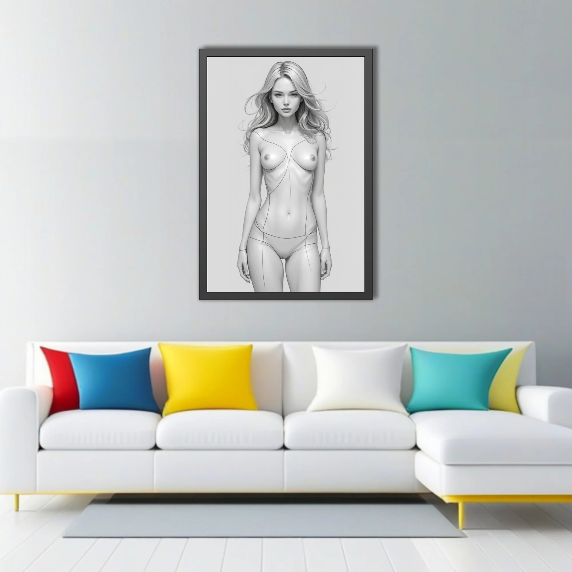 Minimalist monochrome female figure study with flowing line-art contours, pencil-style