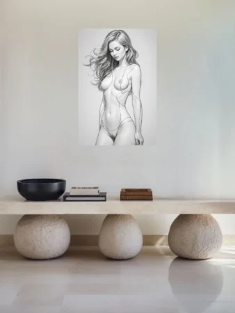 Minimalist line-art female figure study, monochrome fine linework, elegant pose
