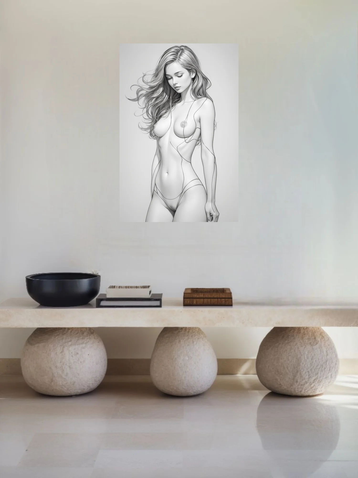 Minimalist line-art female figure study, monochrome fine linework, elegant pose