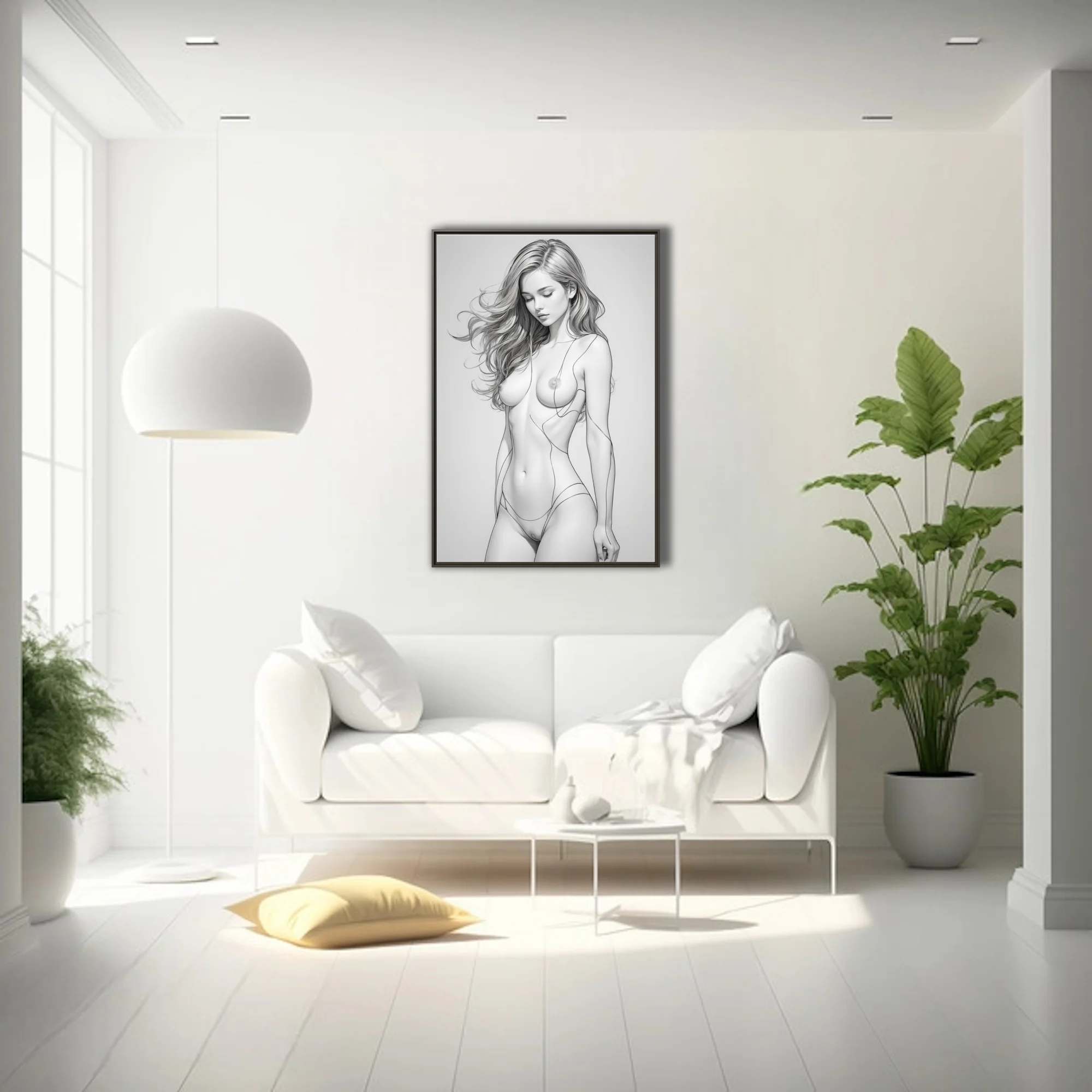 Minimalist line-art female figure study, monochrome fine linework, elegant pose