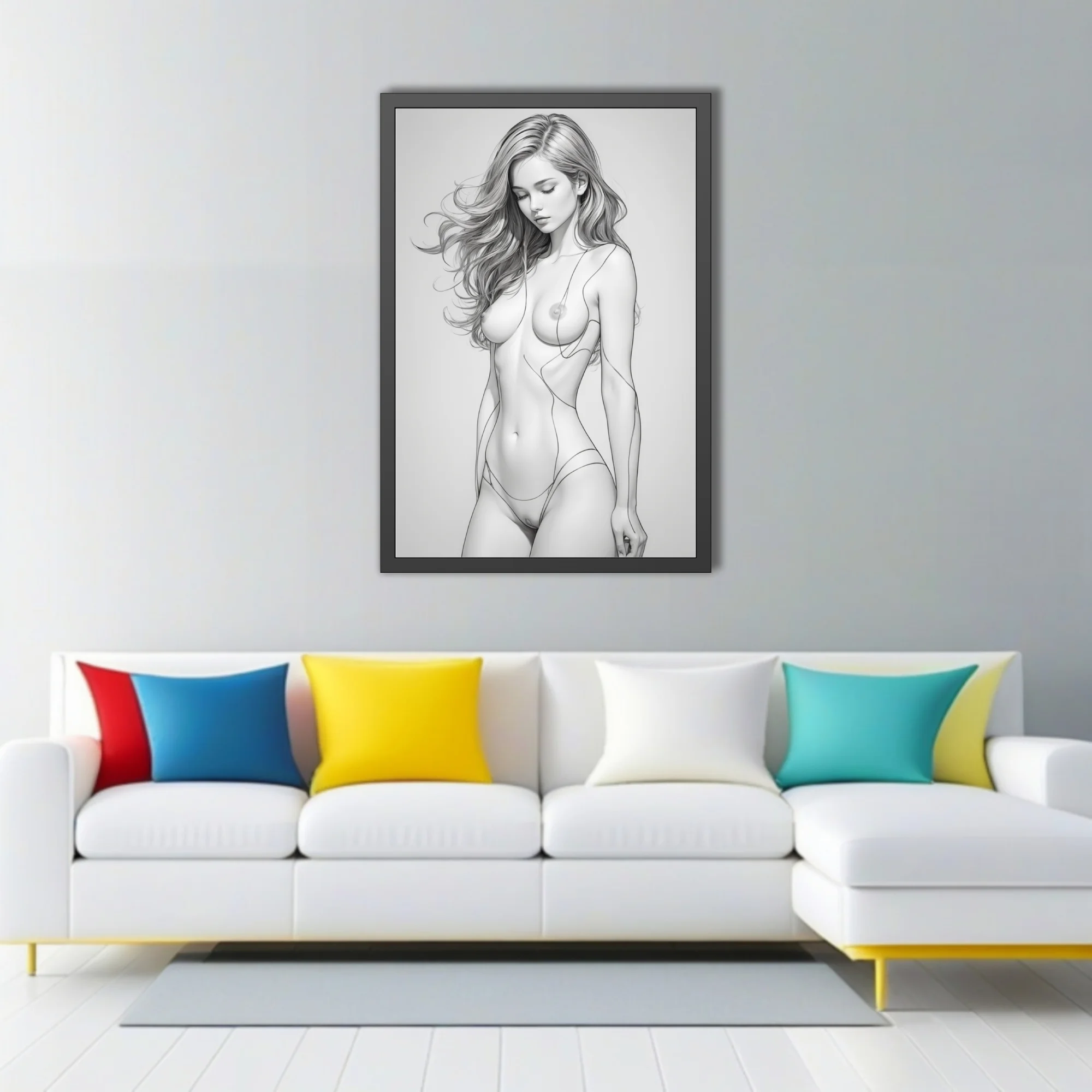 Minimalist line-art female figure study, monochrome fine linework, elegant pose