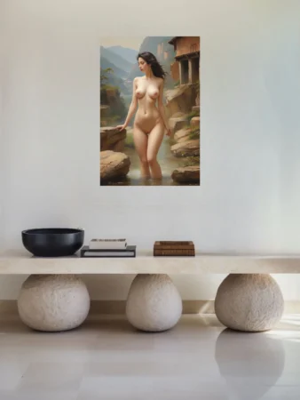 Classical nude figure study, warm skin tones, misty mountain landscape backdrop