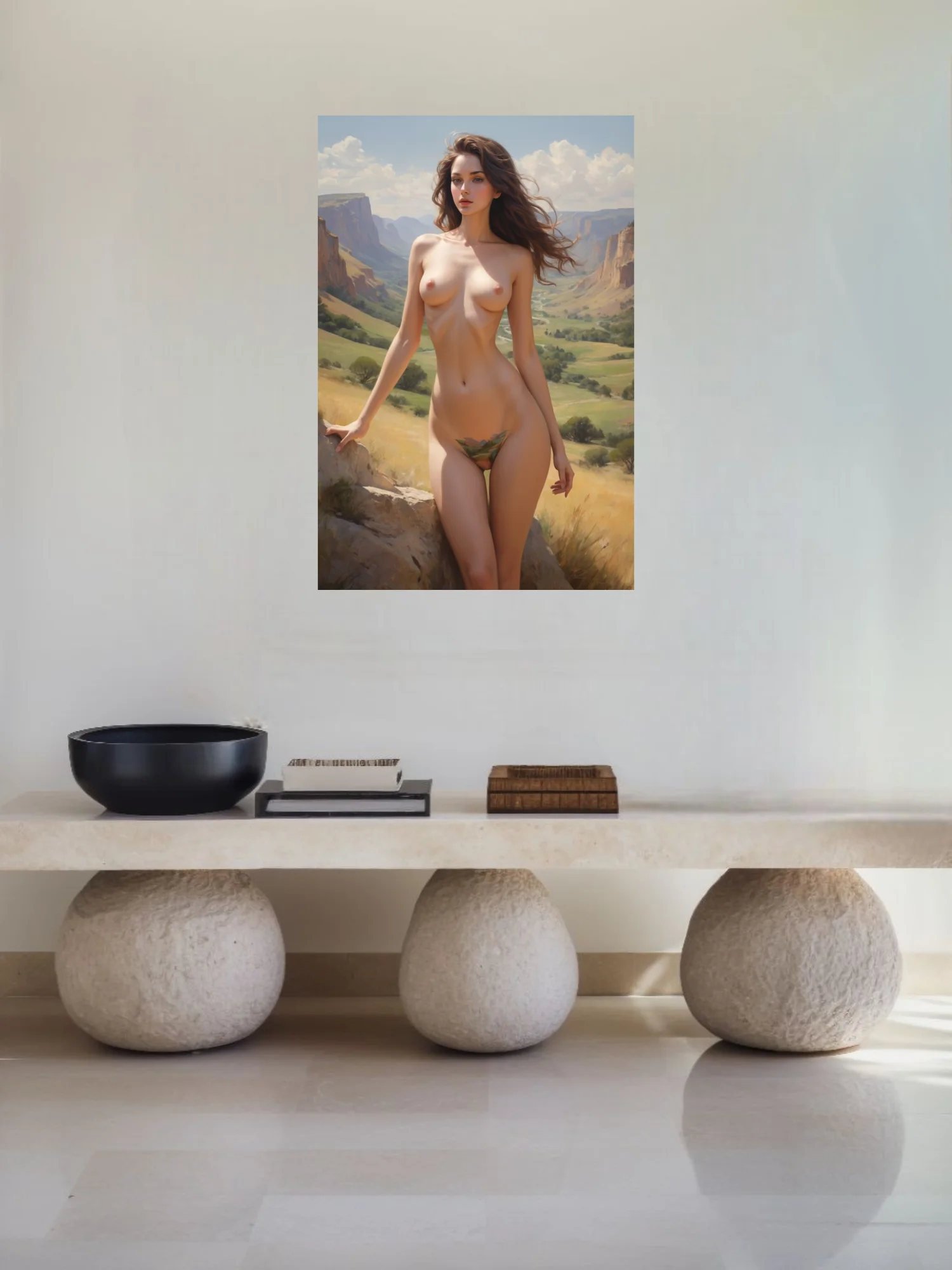 Academic realist nude figure study, warm canyon landscape, painterly rendering