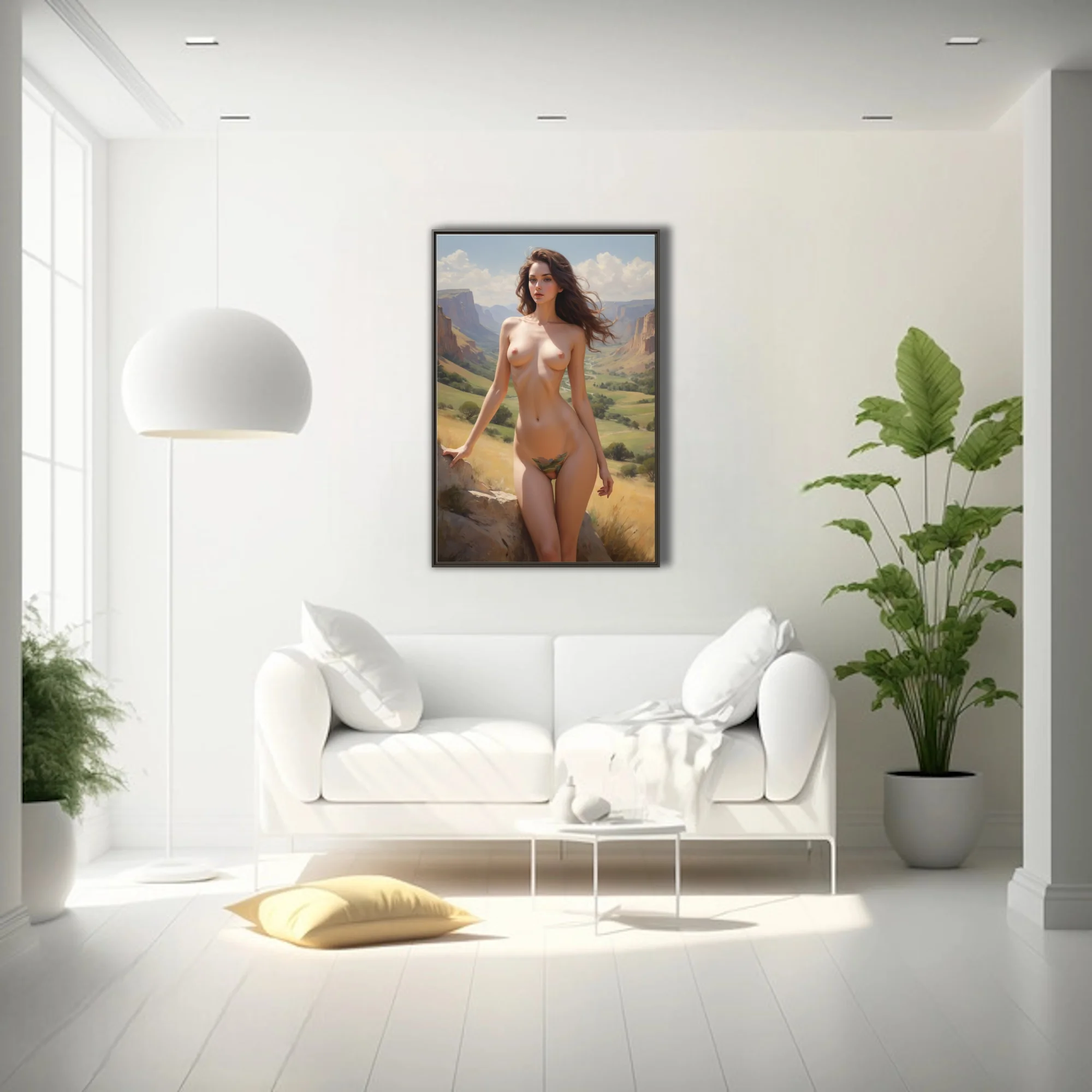 Academic realist nude figure study, warm canyon landscape, painterly rendering