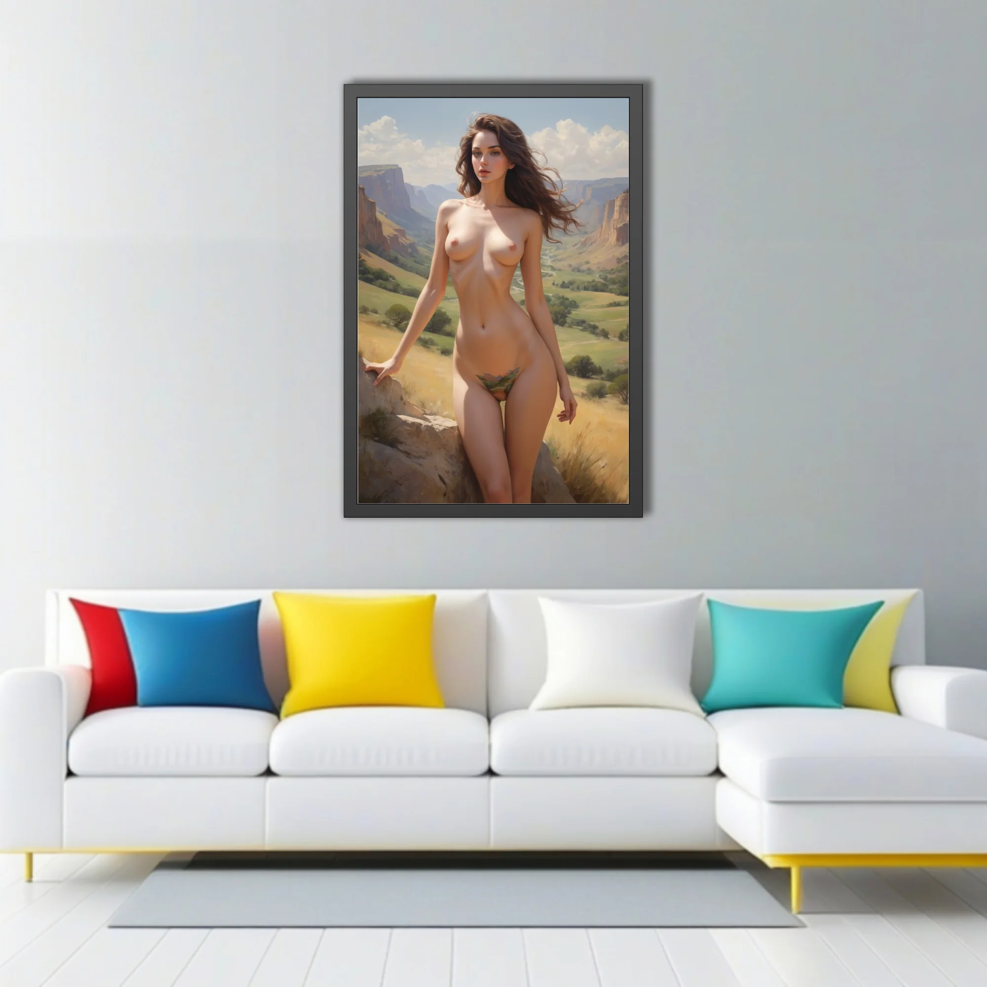 Academic realist nude figure study, warm canyon landscape, painterly rendering