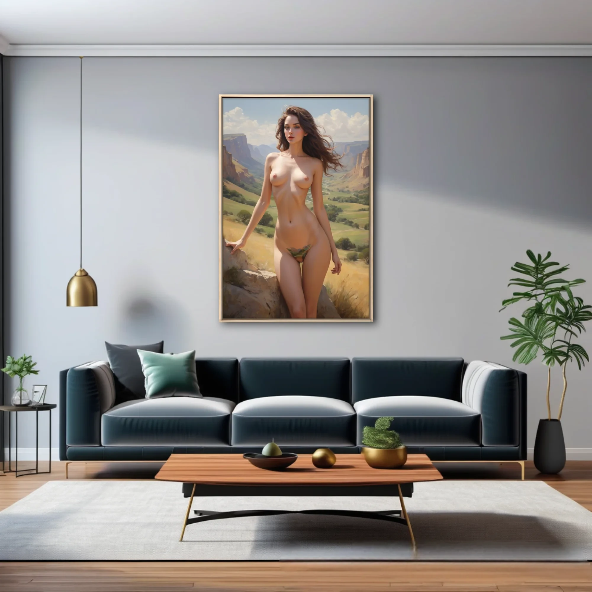Academic realist nude figure study, warm canyon landscape, painterly rendering