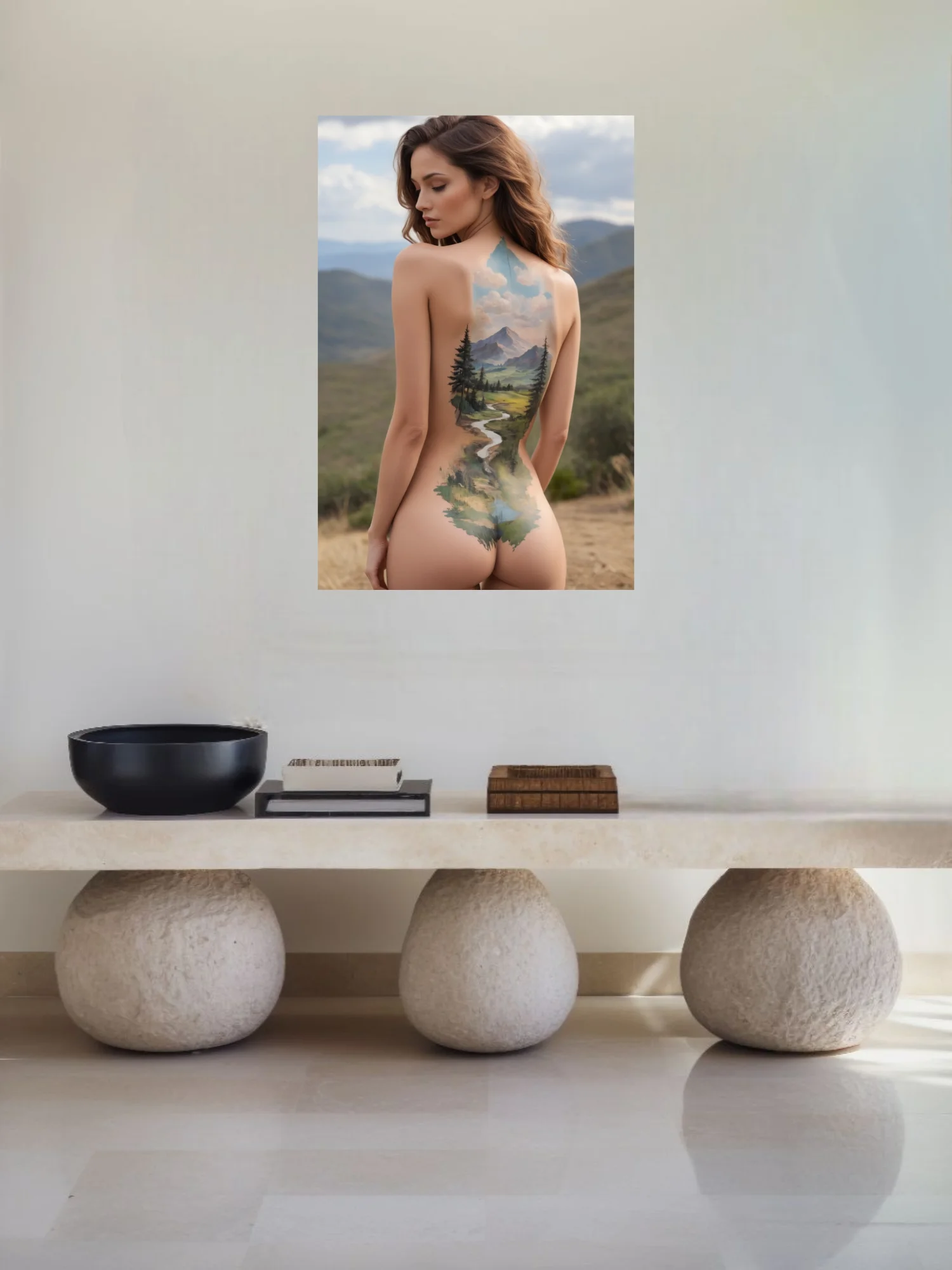 Watercolor-style nude figure study with mountain landscape body art, earthy greens and blues