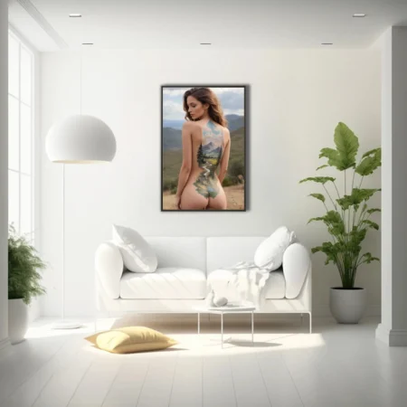 Watercolor-style nude figure study with mountain landscape body art, earthy greens and blues