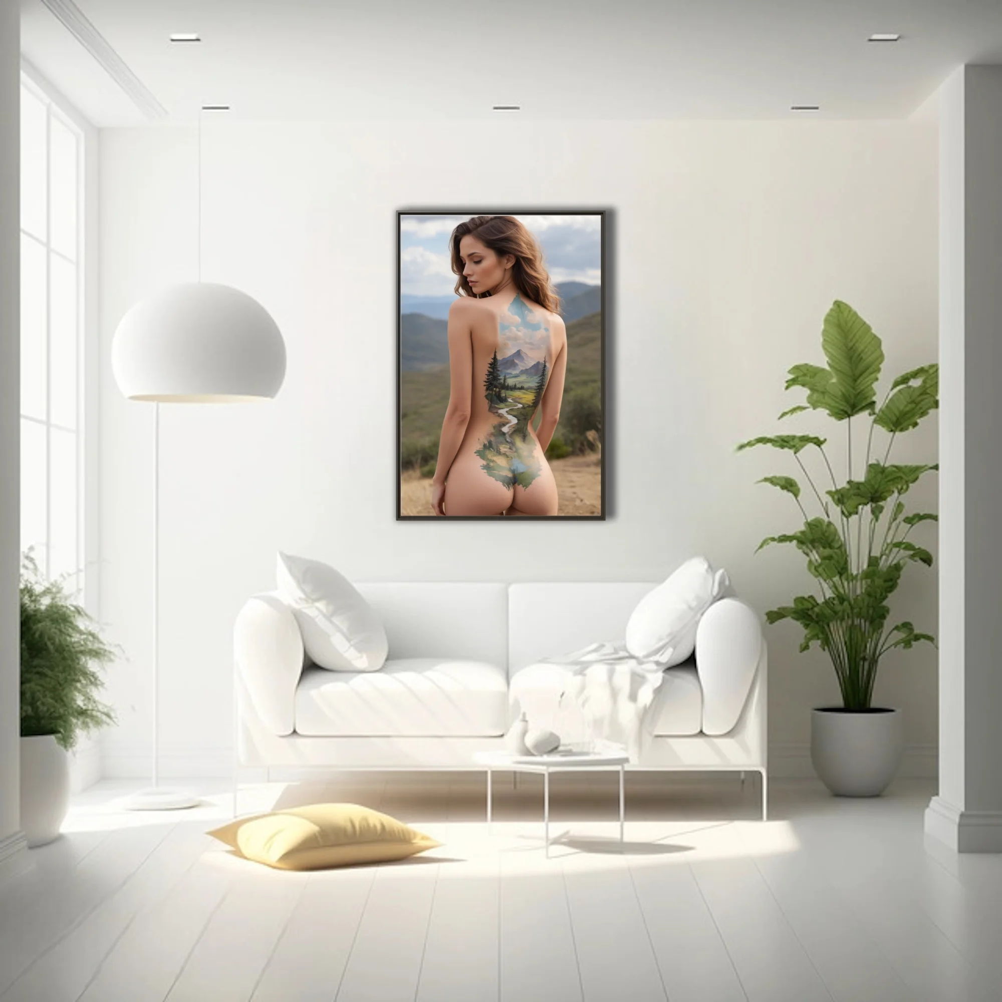 Watercolor-style nude figure study with mountain landscape body art, earthy greens and blues