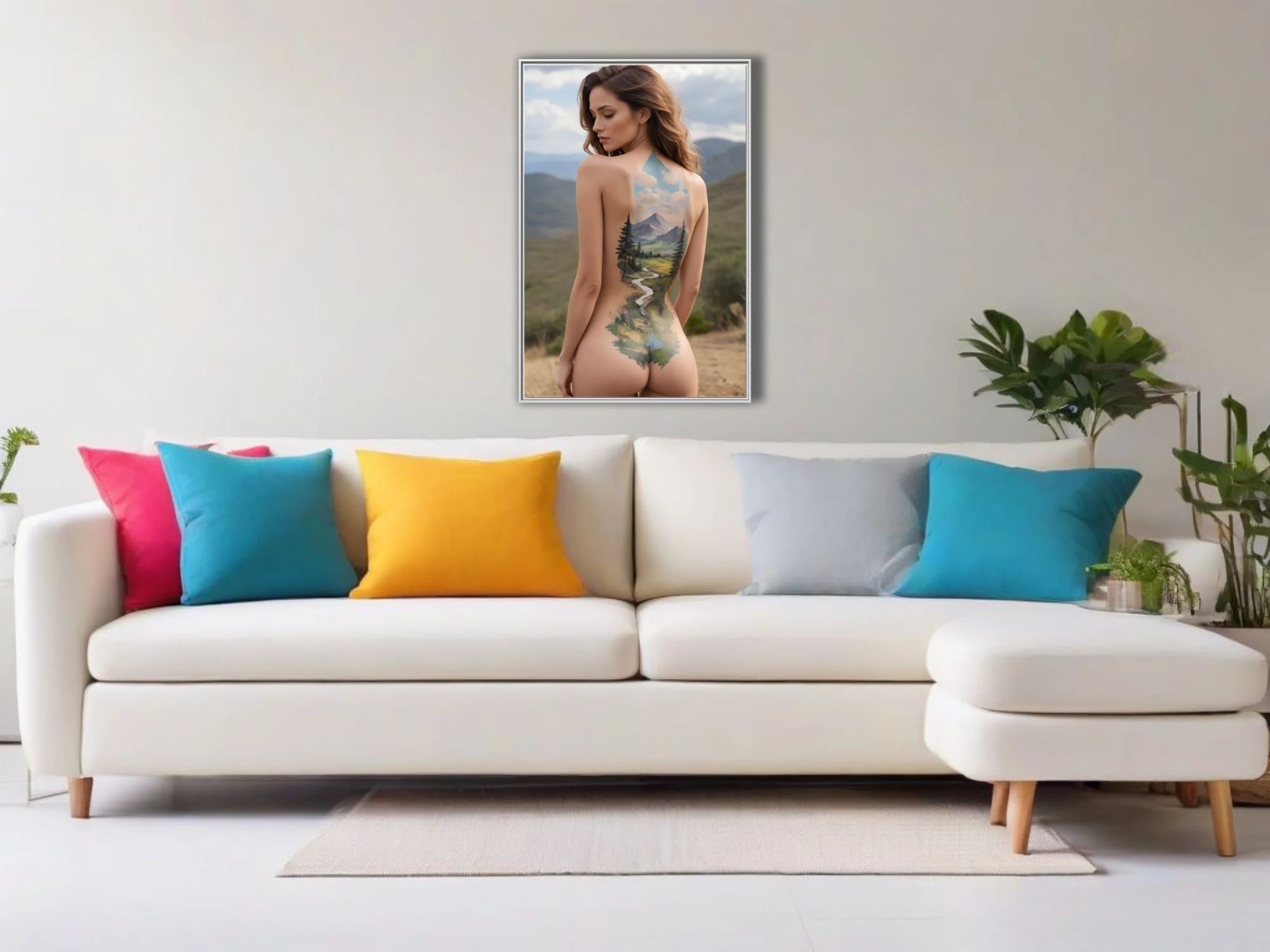 Watercolor-style nude figure study with mountain landscape body art, earthy greens and blues