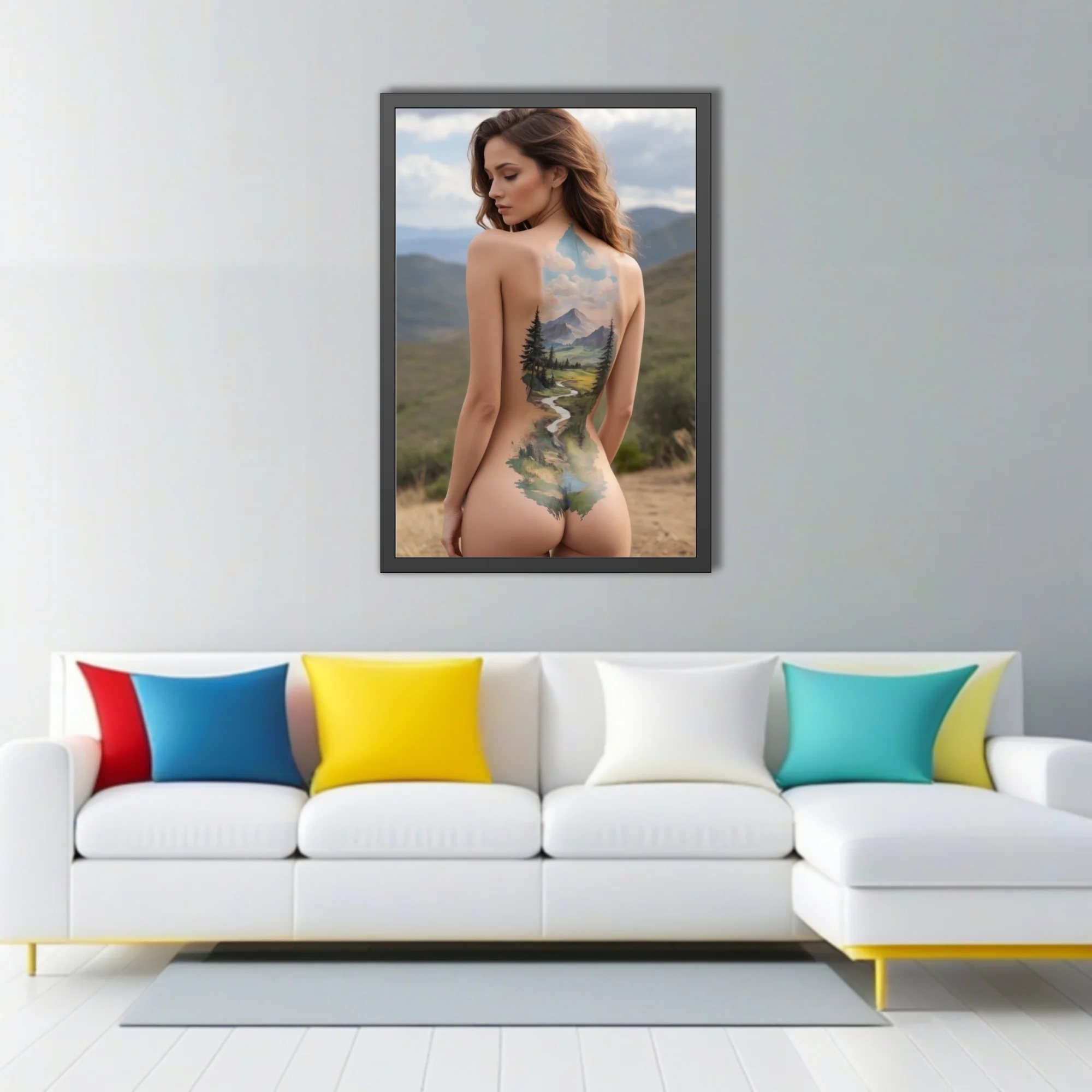 Watercolor-style nude figure study with mountain landscape body art, earthy greens and blues