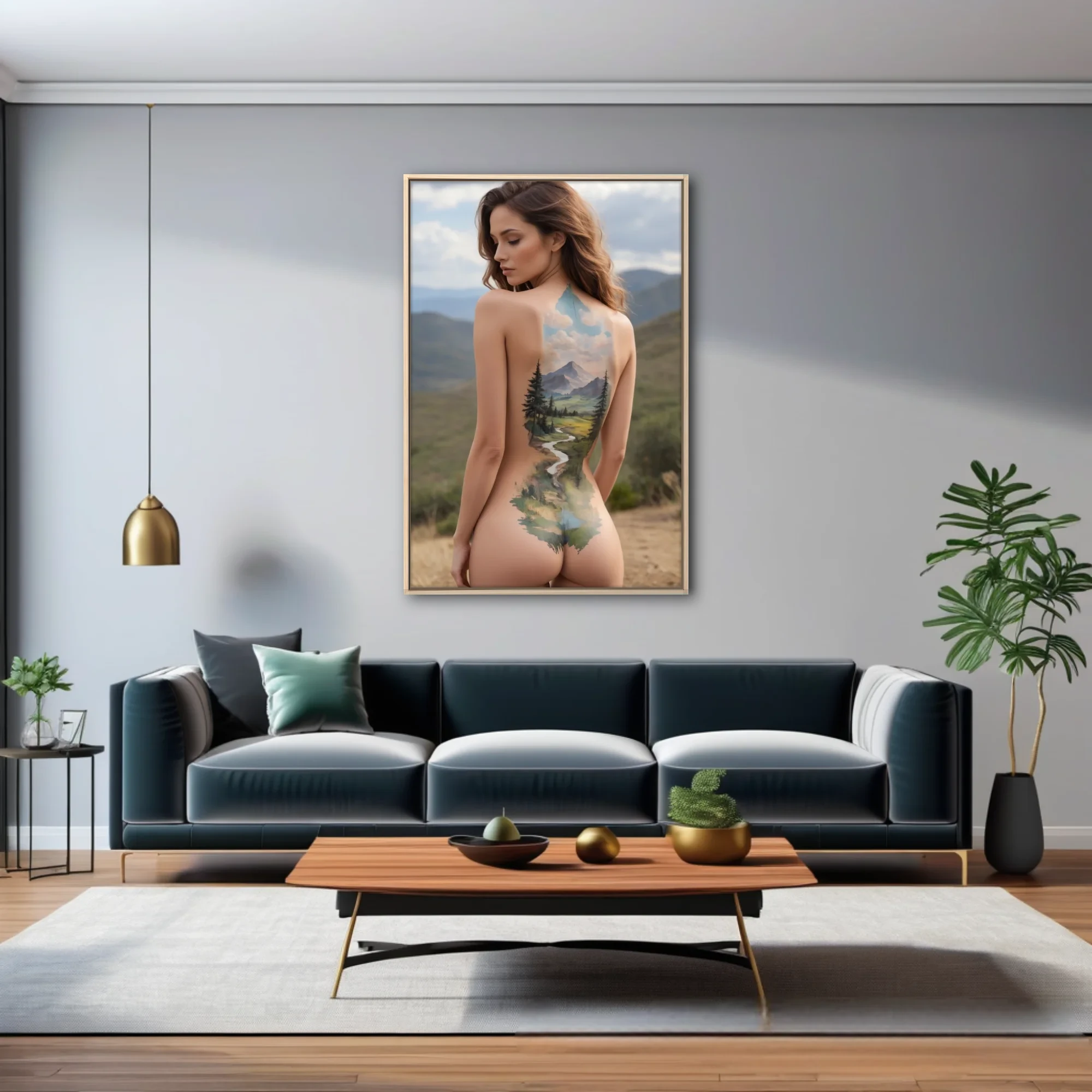 Watercolor-style nude figure study with mountain landscape body art, earthy greens and blues