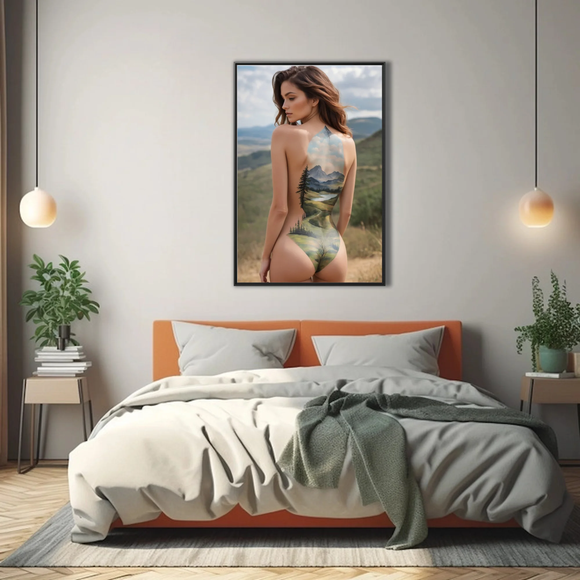 Dreamlike body-art figure study with mountain landscape painted across bare back