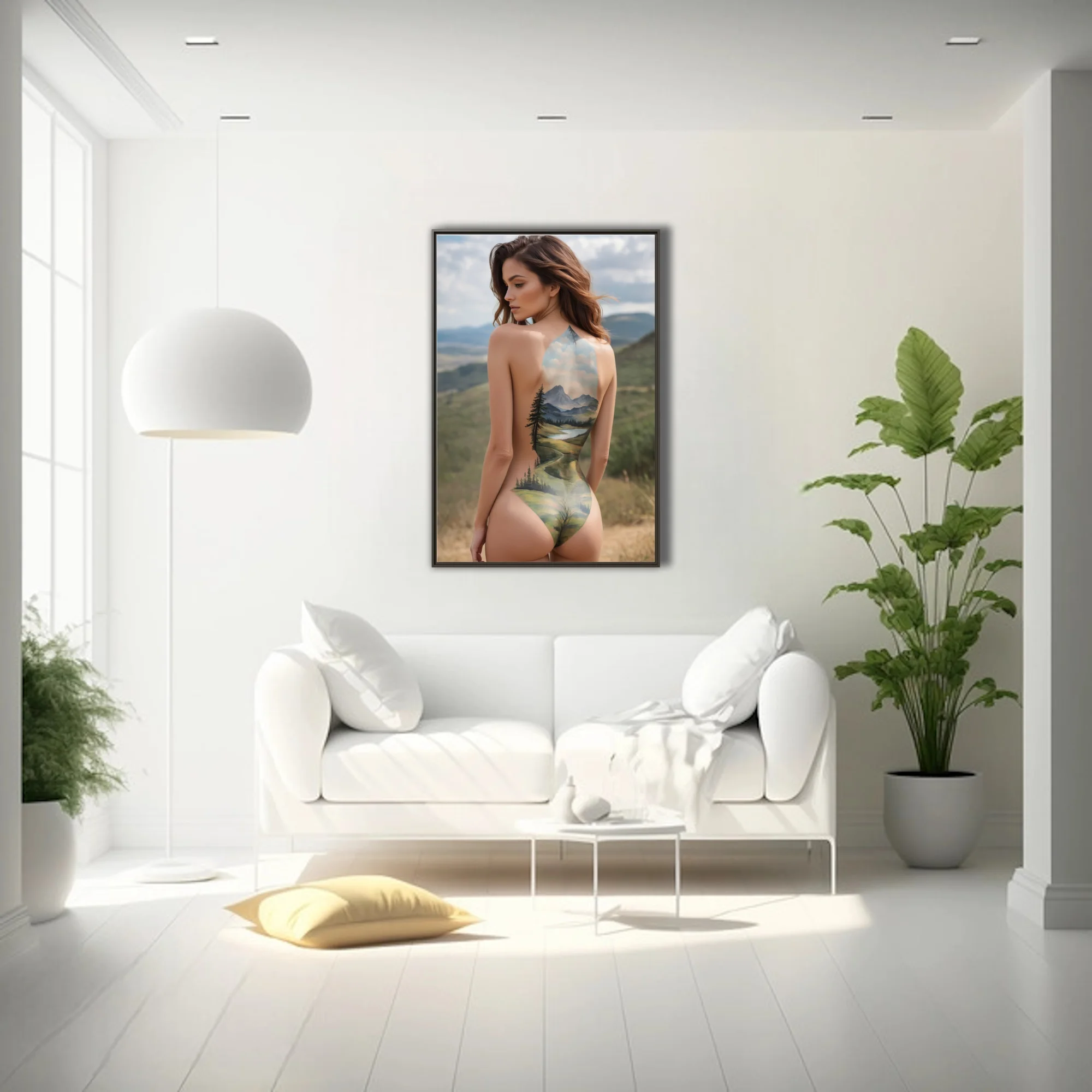 Dreamlike body-art figure study with mountain landscape painted across bare back