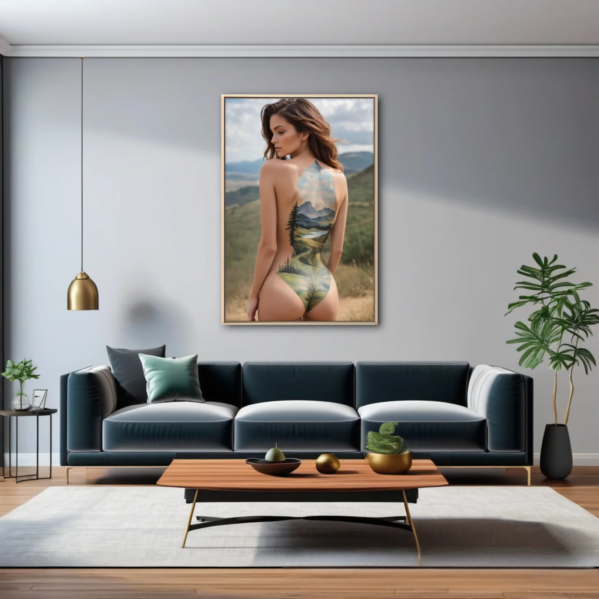 Dreamlike body-art figure study with mountain landscape painted across bare back