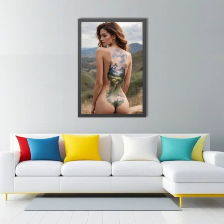 Watercolor-style figure study with mountain landscape body art, green and blue tones