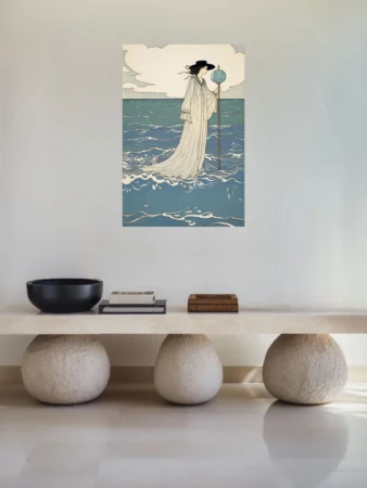 Decorative figure in white robes standing in ocean waves, teal and ivory palette