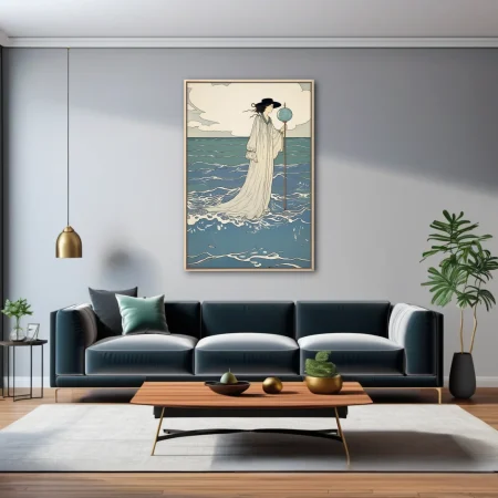 Decorative figure in white robes standing in ocean waves, teal and ivory palette