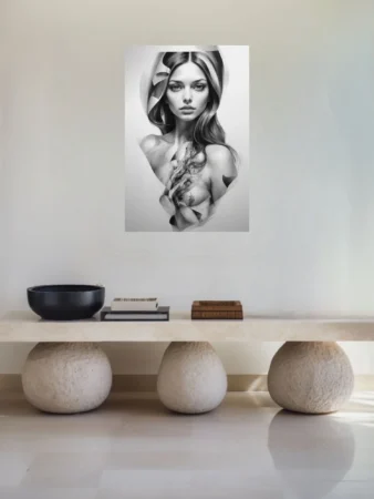 Black-and-white dreamlike portrait with abstract fragmented forms and face