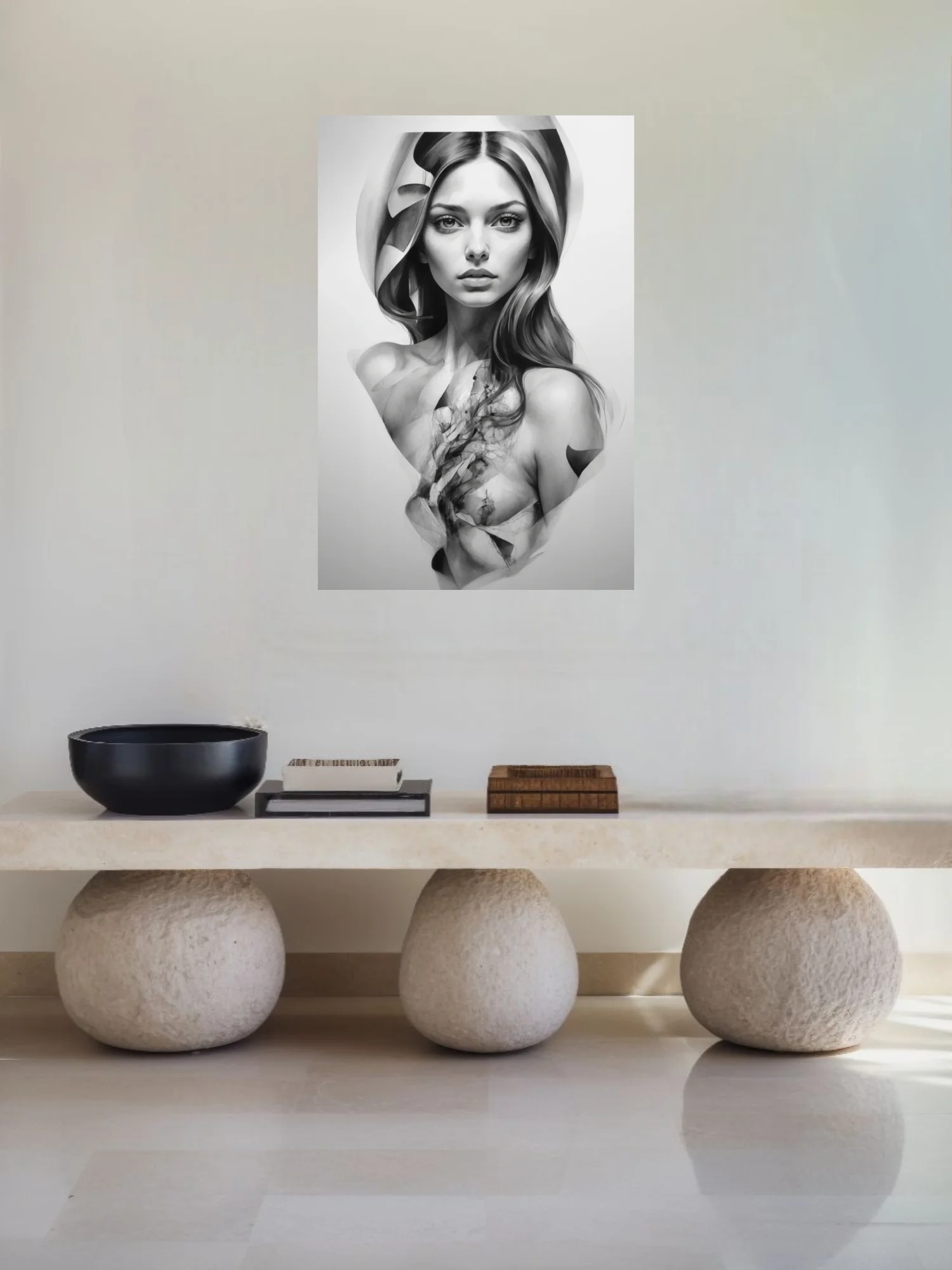 Black-and-white dreamlike portrait with abstract fragmented forms and face