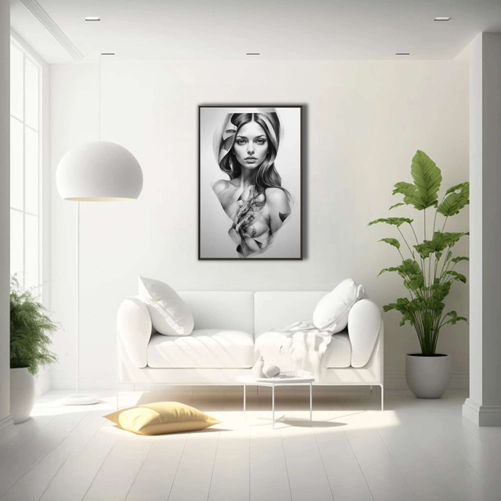 Black-and-white dreamlike portrait with abstract fragmented forms and face