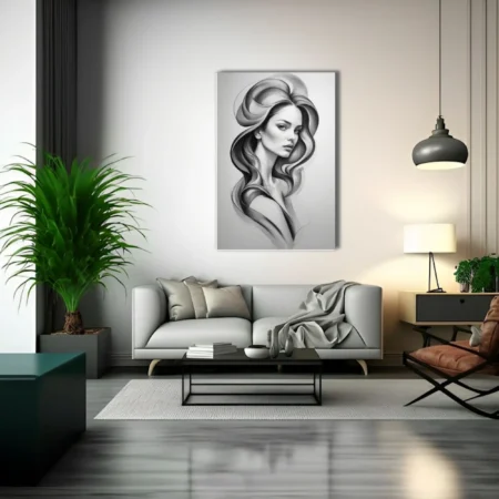 Dreamlike monochrome portrait of a woman with flowing sculptural hair, graphite-style