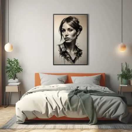Black-and-white expressive ink-style portrait of a woman, dramatic contrast and splatter marks