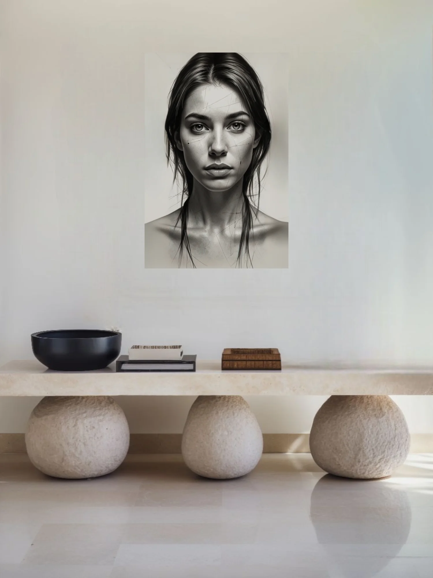 Black-and-white graphite-style portrait study with sketch lines and detail