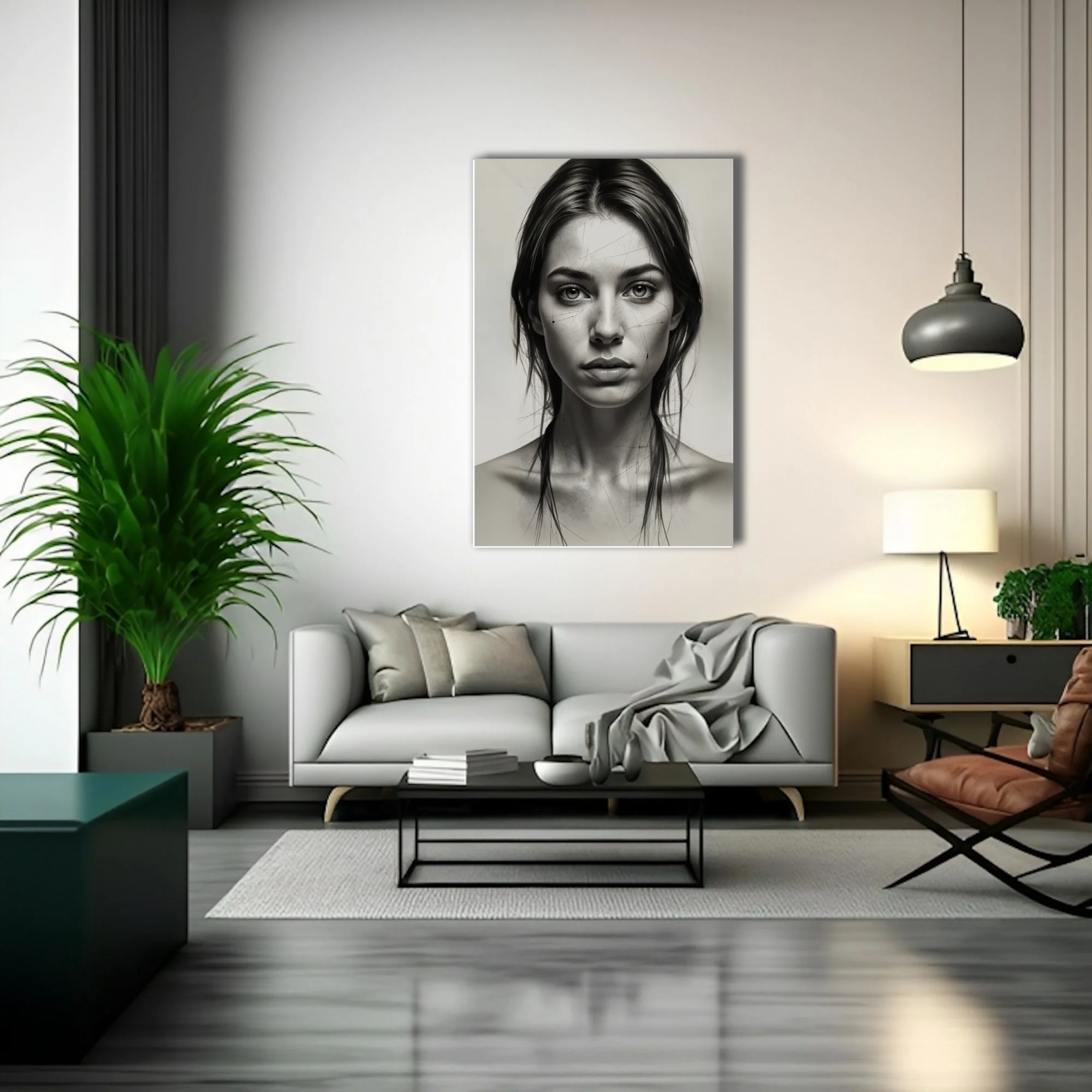 Black-and-white graphite-style portrait study with sketch lines and detail