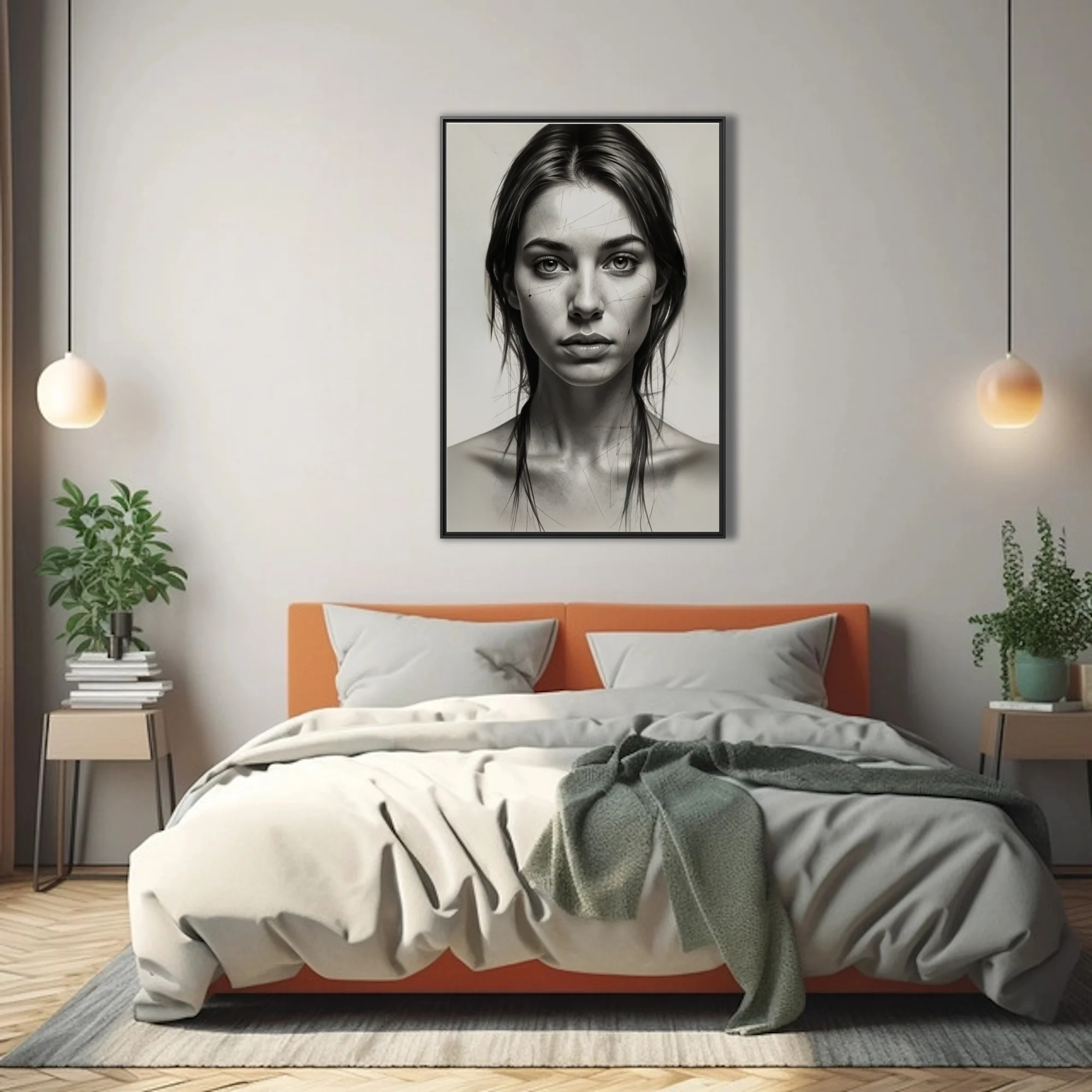 Black-and-white graphite-style portrait study with sketch lines and detail