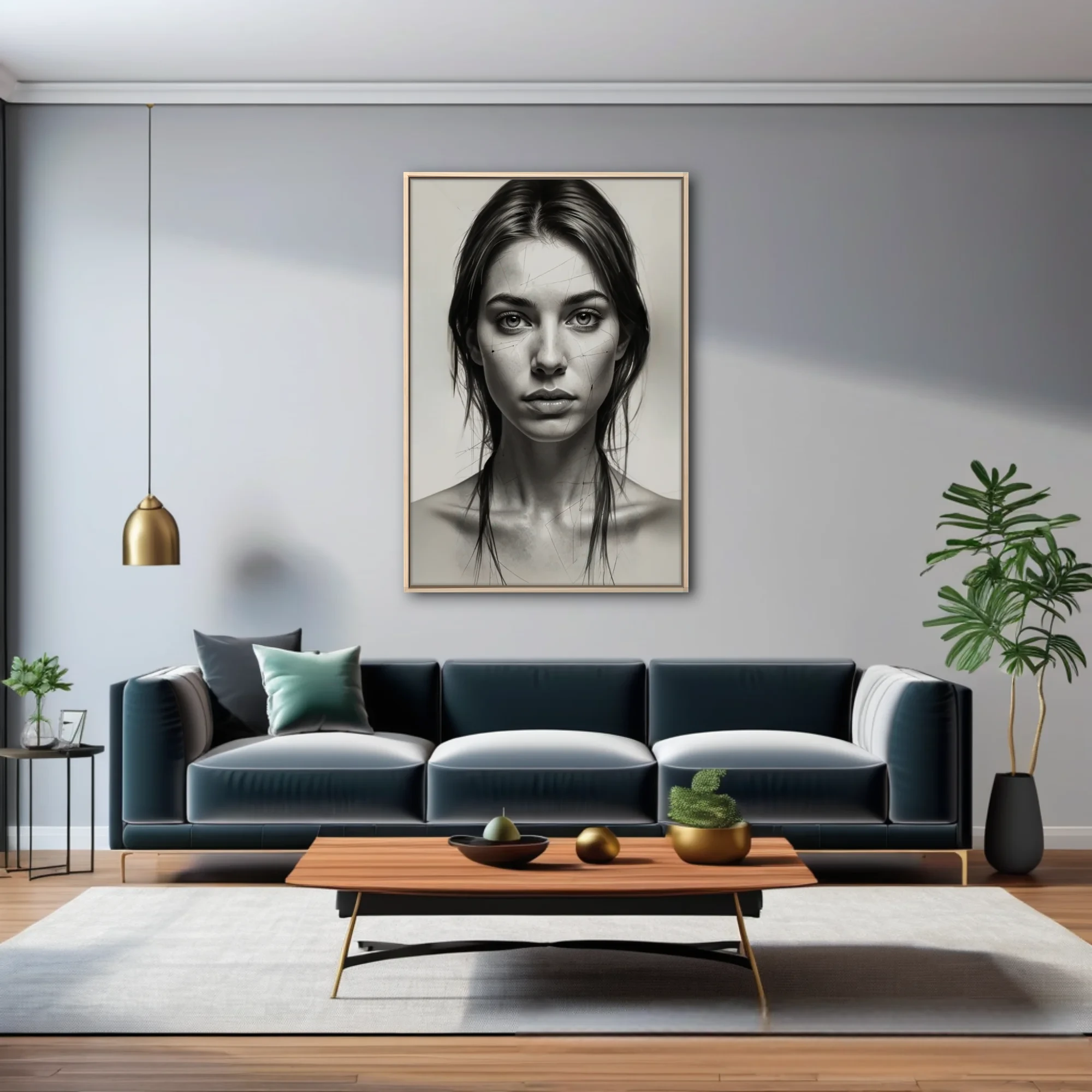 Black-and-white graphite-style portrait study with sketch lines and detail