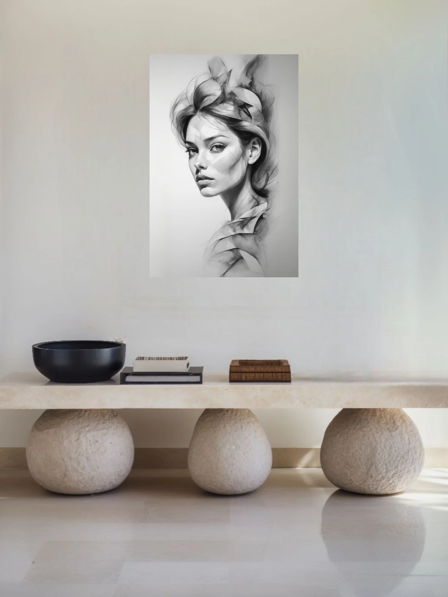 Graphite-style abstract portrait of a woman, monochromatic with flowing geometric forms