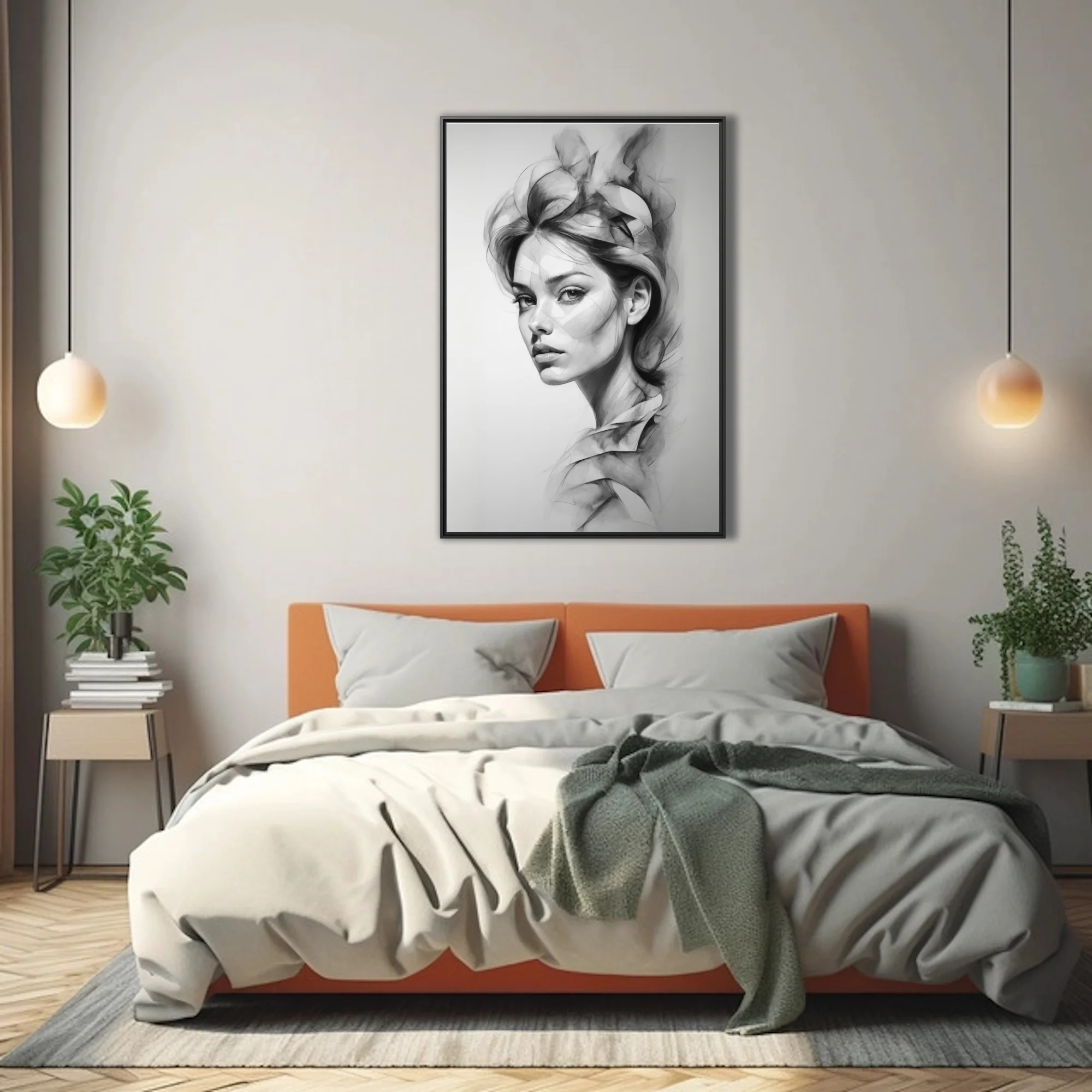 Graphite-style abstract portrait of a woman, monochromatic with flowing geometric forms
