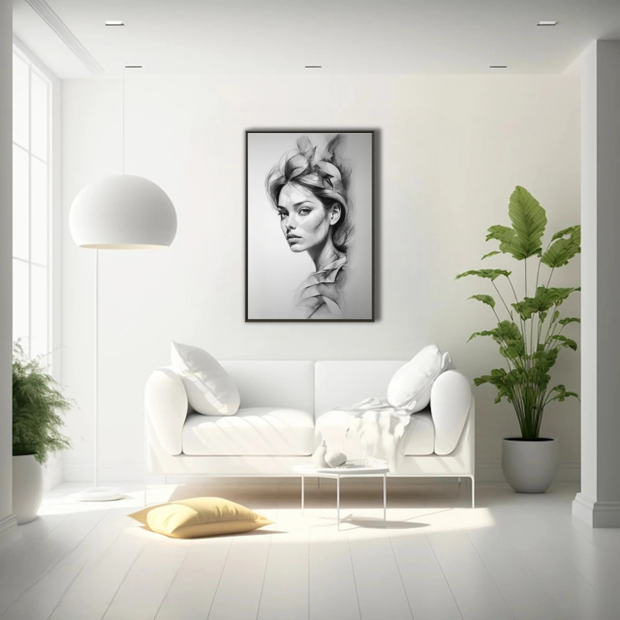 Graphite-style abstract portrait of a woman, monochromatic with flowing geometric forms