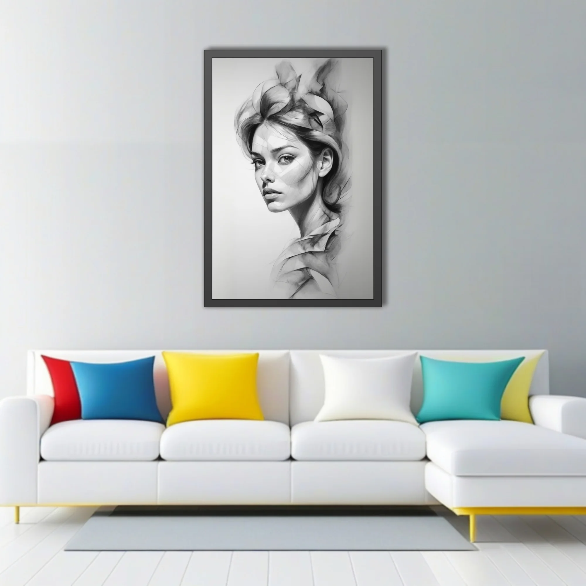 Graphite-style abstract portrait of a woman, monochromatic with flowing geometric forms
