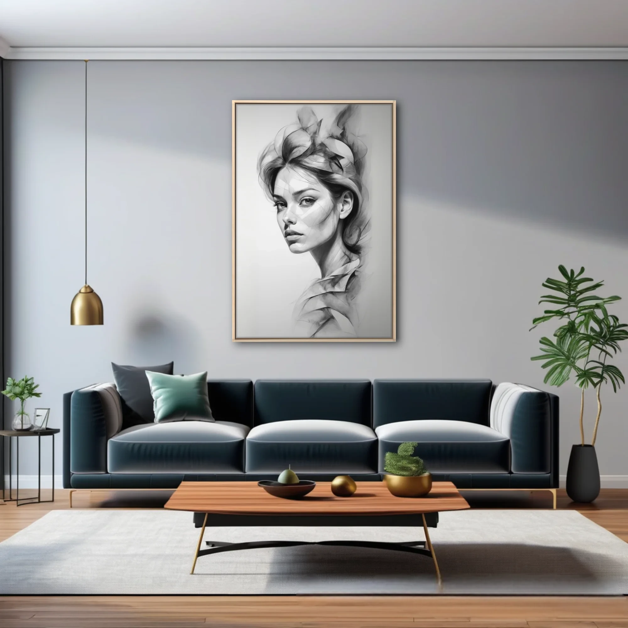 Graphite-style abstract portrait of a woman, monochromatic with flowing geometric forms
