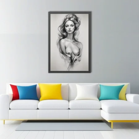 Charcoal-style monochrome female figure study with flowing hair and smoky tonal rendering
