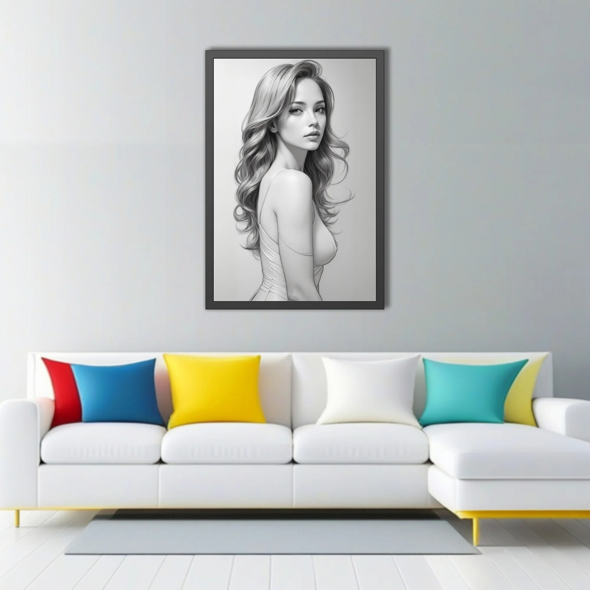 Pencil-style monochrome portrait of a woman with flowing wavy hair