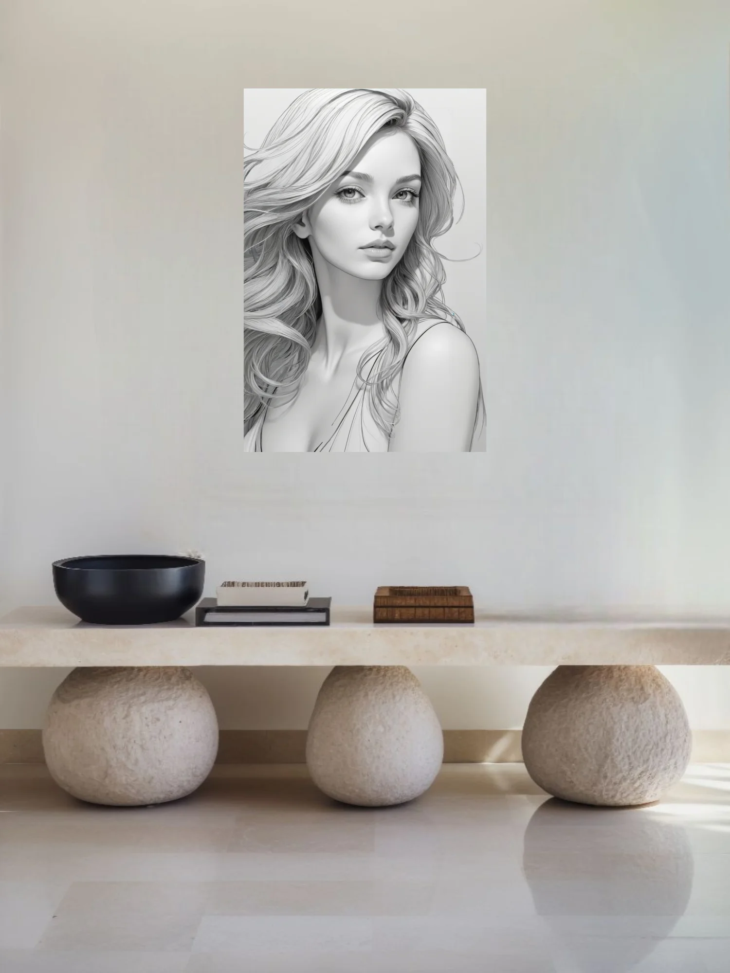 Pencil-sketch-style grayscale portrait of a woman with flowing wavy hair