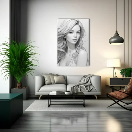 Pencil-sketch-style grayscale portrait of a woman with flowing wavy hair