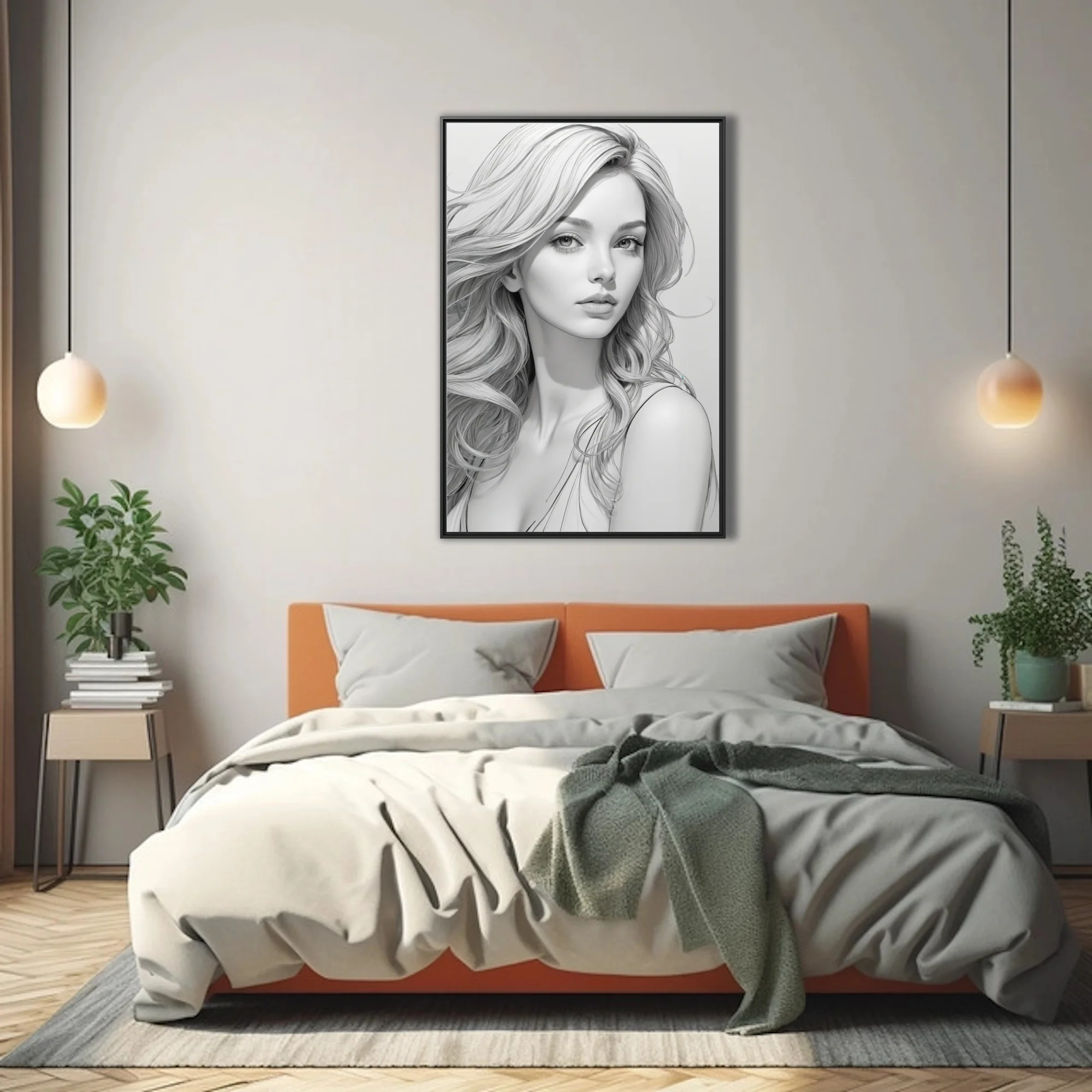 Pencil-sketch-style grayscale portrait of a woman with flowing wavy hair